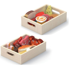 Viga Drewniany Zestaw Artykułów Spożywczych w Skrzynkach Śniadanie Ryby Mięso Nabiał