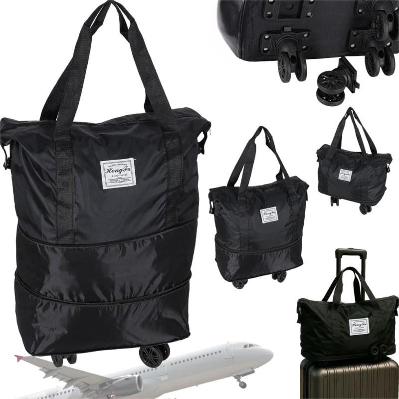 Faltbare, geräumige Reisetasche mit Rollen, schwarz, in 3 Größen