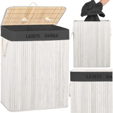 Springos Bamboo laundry basket with lid Springos HA7505 105 L, double compartment, white, grey