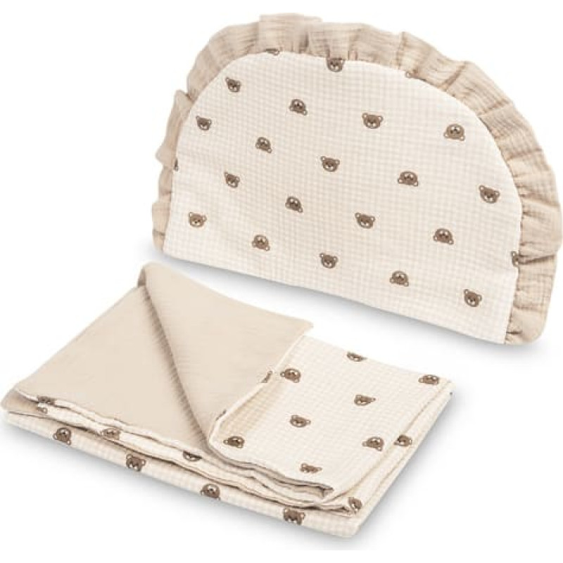 Sensillo Musselin-Bettwäsche-Set für den Kinderwagen – Decke und Kissen BEARS BEIGE