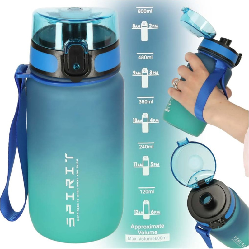 Ūdens pudele bidons ar salmiņa rokturi sporta 600ml zili zaļa