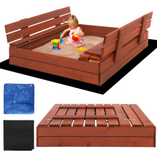 Springos Coverable sandbox with benches Springos SBP100SET04 100×100 cm impregnated wood, with geotextile and tarpaulin, brown