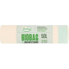 Biobag Atkritumu maisi savelkami ar aukliņu kompostējami BioBag 50L (10 gab. rullī) 25mkr. 60x70cm zaļi