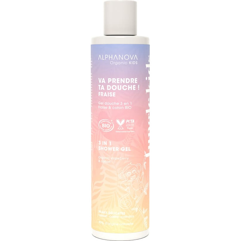 Alphanova KIDS organic moisturizing shampoo and shower gel for children with cottonseed oil and chamomile extract, strawberry fragrance, 250 ml