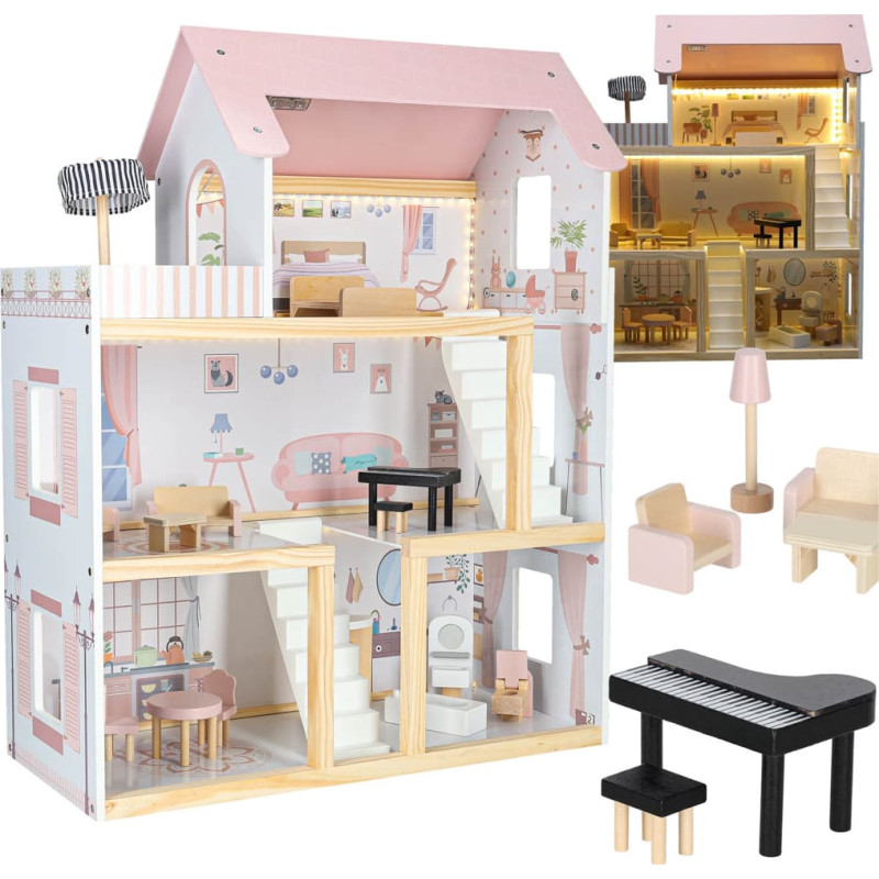 Puppenhaus aus Holz mit Möbeln, 80 cm, rosa, mit LED-Beleuchtung