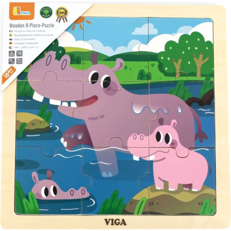 Viga 44628 Puzzle auf Unterlage, 9 Teile – Nilpferd