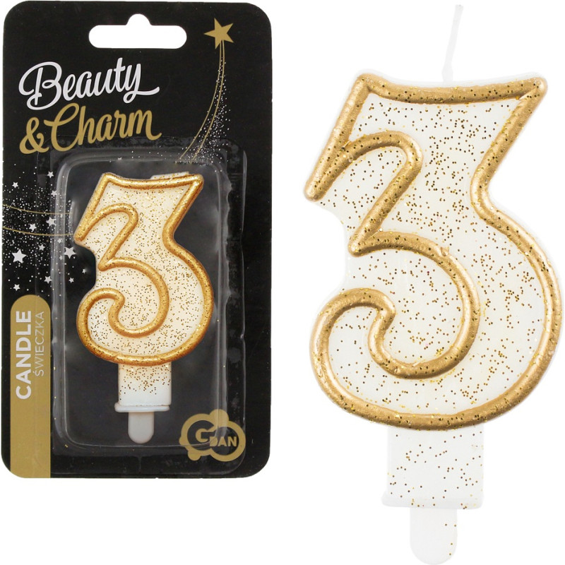 Zahlenkerze „3” mit goldenem Rand