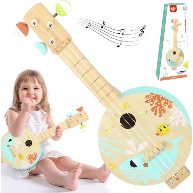 Tooky Toy Holz-Banjo für Kinder mit Meeresmotiv – zum Musizieren lernen